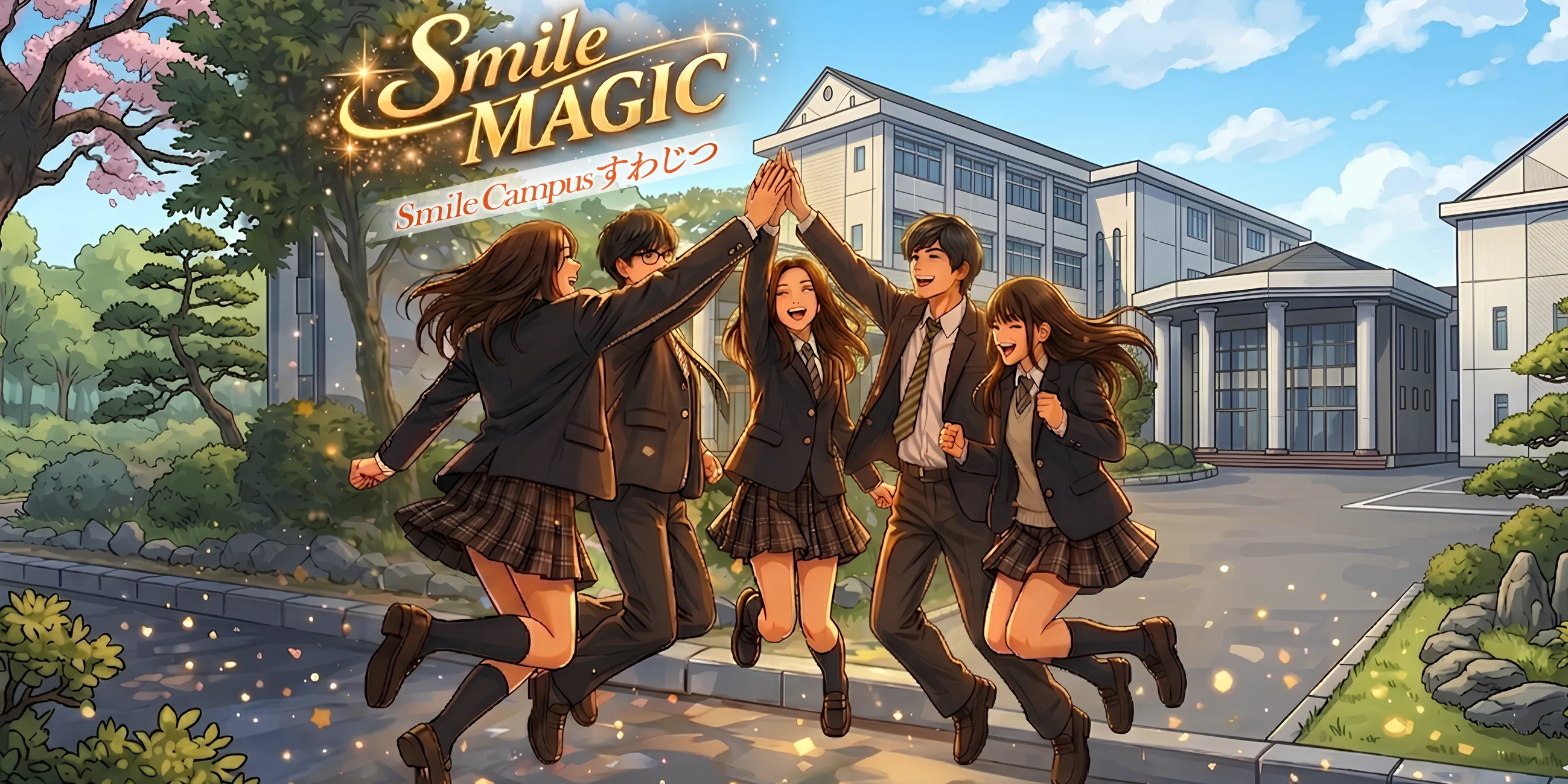 諏訪実業高等学校 Smile Campus すわじつ 校舎の前で笑顔でハイタッチをする5人の高校生のイラスト